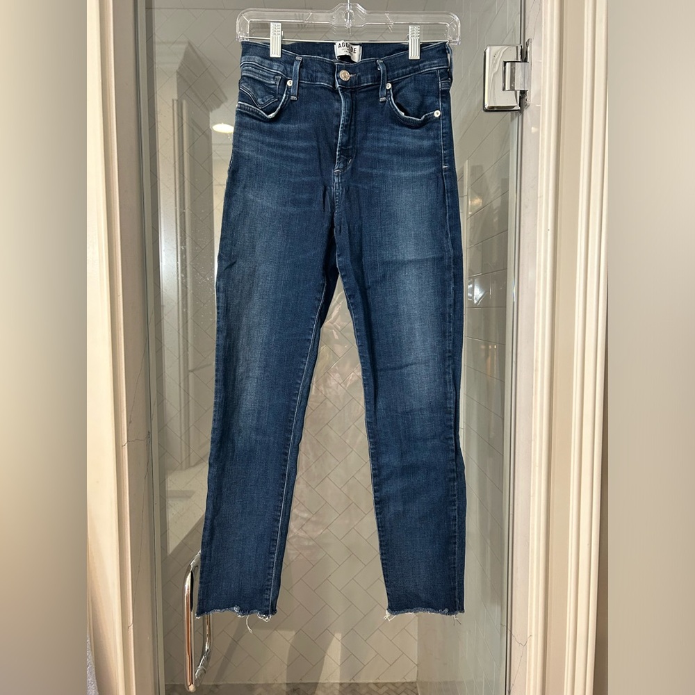 AGOLDE mid rise distressed dark denim jeans worn twice